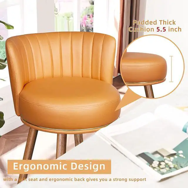 Alt view image 6 of 7 - 27" Swivel Bar Stools Set of 2, Counter Height Bar Stools with Back, 360° Swivel Bar Chairs with Wood Legs and Footrest, Upholstered Orange Bar Stool for Kitchens Island, Rustic Bar, 300lbs