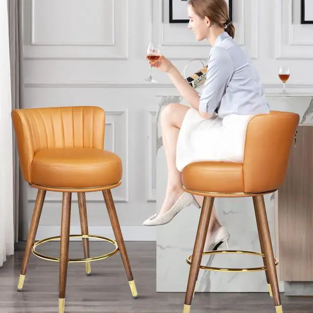 Alt view image 2 of 7 - 27" Swivel Bar Stools Set of 2, Counter Height Bar Stools with Back, 360° Swivel Bar Chairs with Wood Legs and Footrest, Upholstered Orange Bar Stool for Kitchens Island, Rustic Bar, 300lbs