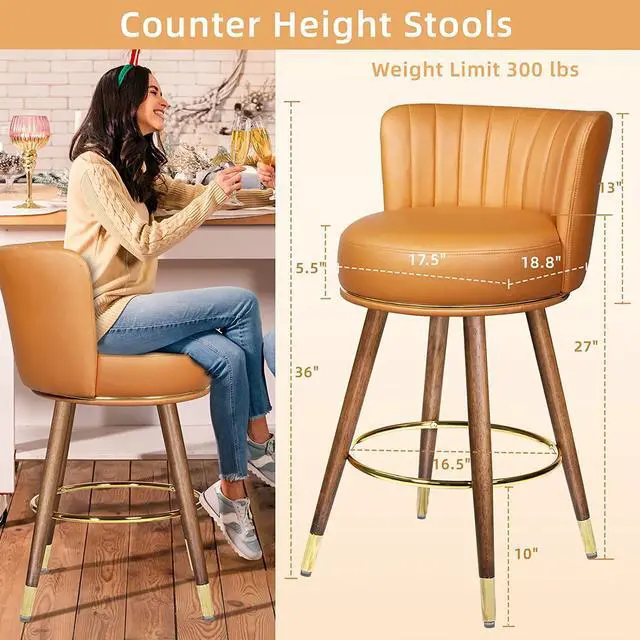 Alt view image 4 of 7 - 27" Swivel Bar Stools Set of 2, Counter Height Bar Stools with Back, 360° Swivel Bar Chairs with Wood Legs and Footrest, Upholstered Orange Bar Stool for Kitchens Island, Rustic Bar, 300lbs