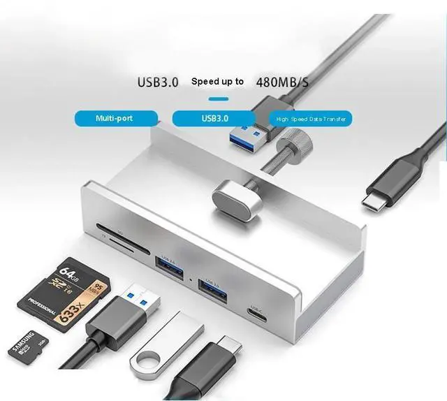 Alt view image 3 of 5 - RAMAHP USB 3.0 Hub, USB Hub Clamp, Aluminum 4-Port USB Splitter with Extra Power Supply Port, Desktop Powered USB Hub for Monitors/Desks 4 USB Black