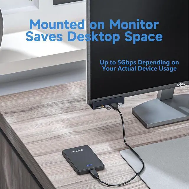 Alt view image 5 of 5 - RAMAHP USB 3.0 Hub, USB Hub Clamp, Aluminum 4-Port USB Splitter with Extra Power Supply Port, Desktop Powered USB Hub for Monitors/Desks 4 USB Black