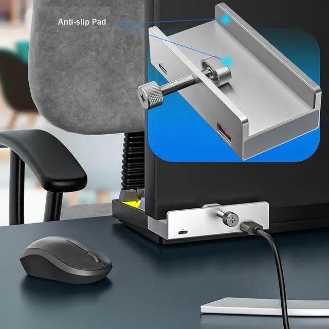 Alt view image 4 of 7 - RAMAHP USB 3.0 Hub, USB Hub Clamp, Aluminum 4-Port USB Splitter with Extra Power Supply Port, Desktop Powered USB Hub for Monitors/Desks 3USB 1TYPE C Silver