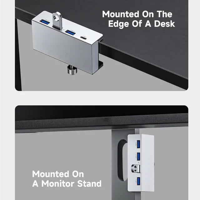 Alt view image 5 of 7 - RAMAHP USB 3.0 Hub, USB Hub Clamp, Aluminum 4-Port USB Splitter with Extra Power Supply Port, Desktop Powered USB Hub for Monitors/Desks 3USB 1TYPE C Silver