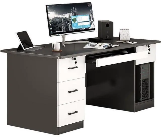 Alt view image 7 of 7 - Baycheer Black and White Desk with Keyboard Tray 55 INCH Computer Desk Gaming Desk for Home Office Study Desk with Monitor Shelf Industrial PC Desk Studio Desk with 4 Drawers and CPU Storage