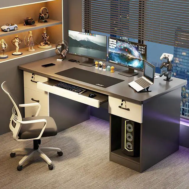 Main image of Baycheer Black and White Desk with Keyboard Tray 55 INCH Computer Desk Gaming Desk for Home Office Study Desk with Monitor Shelf Industrial PC Desk Studio Desk with 4 Drawers and CPU Storage