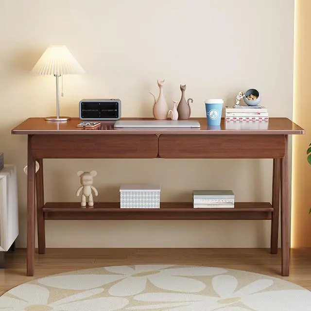 Alt view image 3 of 4 - Baycheer 47'' Mid Century Computer Desk with 2 Drawers Solid Wood Writing Desk Modern Home Office Desks Gaming Desk Oak Study Table Desk with Headphones Hook for Bedroom Brown
