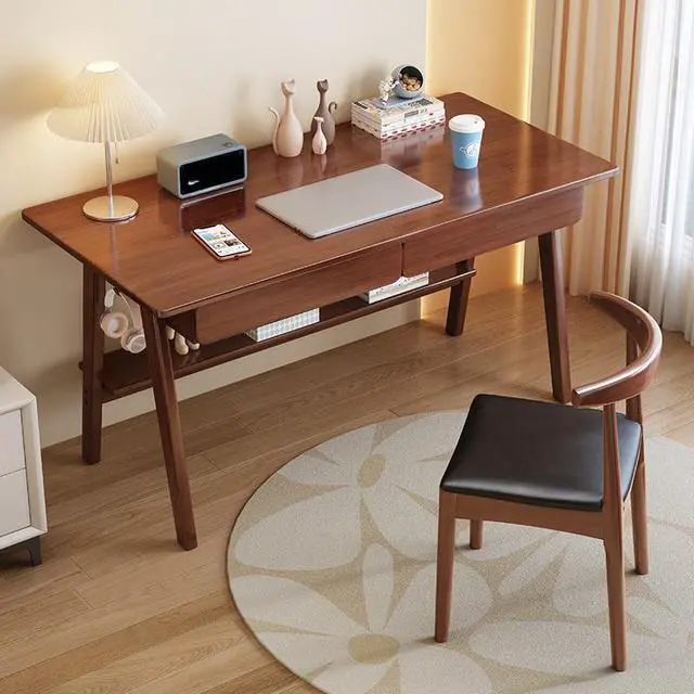 Main image of Baycheer 47'' Mid Century Computer Desk with 2 Drawers Solid Wood Writing Desk Modern Home Office Desks Gaming Desk Oak Study Table Desk with Headphones Hook for Bedroom Brown