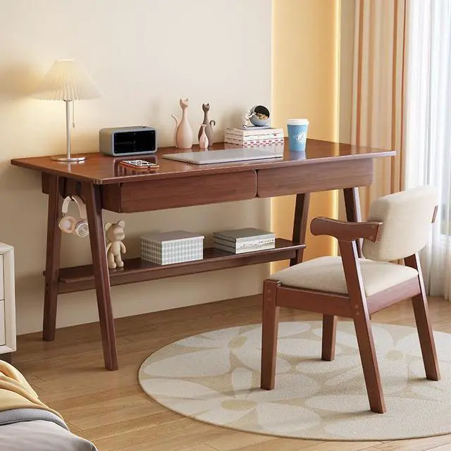 Alt view image 2 of 4 - Baycheer 47'' Mid Century Computer Desk with 2 Drawers Solid Wood Writing Desk Modern Home Office Desks Gaming Desk Oak Study Table Desk with Headphones Hook for Bedroom Brown