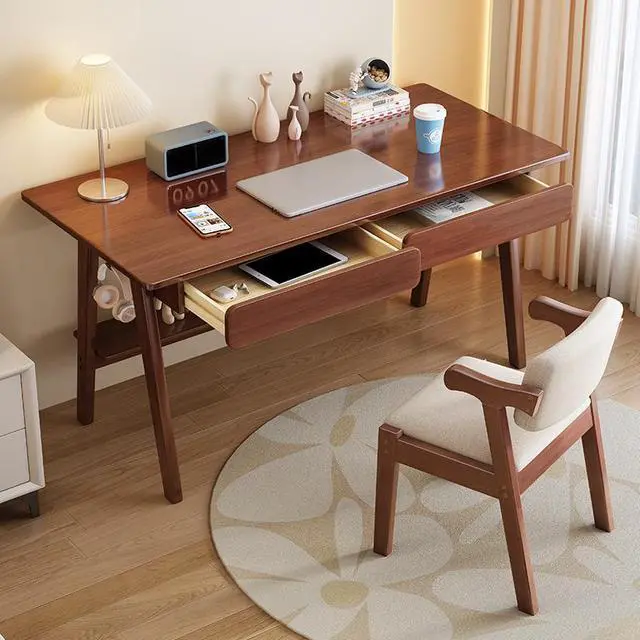 Alt view image 4 of 4 - Baycheer 47'' Mid Century Computer Desk with 2 Drawers Solid Wood Writing Desk Modern Home Office Desks Gaming Desk Oak Study Table Desk with Headphones Hook for Bedroom Brown