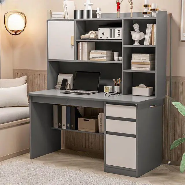 Main image of Baycheer Gray Computer Desk with Storage Shelf, Wooden Writing Desk with Hutch, 3 Drawers, Ergonomic Home Office Desk,for Bedroom, Study