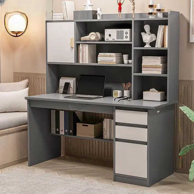 Alt view image 3 of 3 - Baycheer Gray Computer Desk with Storage Shelf, Wooden Writing Desk with Hutch, 3 Drawers, Ergonomic Home Office Desk,for Bedroom, Study 47" L