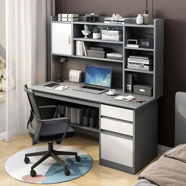 Alt view image 2 of 3 - Baycheer Gray Computer Desk with Storage Shelf, Wooden Writing Desk with Hutch, 3 Drawers, Ergonomic Home Office Desk,for Bedroom, Study 47" L