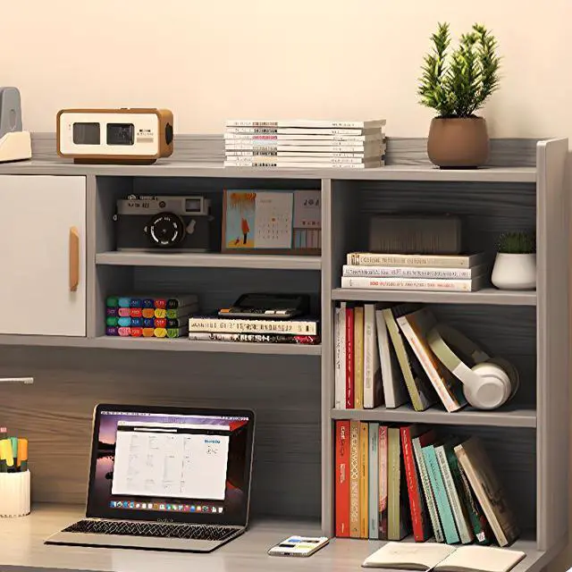 Alt view image 4 of 6 - Baycheer 39'' Desk with 3 Drawers Home Office Gray Computer Desk with 5-Cubby Hutch Storage Shelves Bookshelves, Easy Assemble