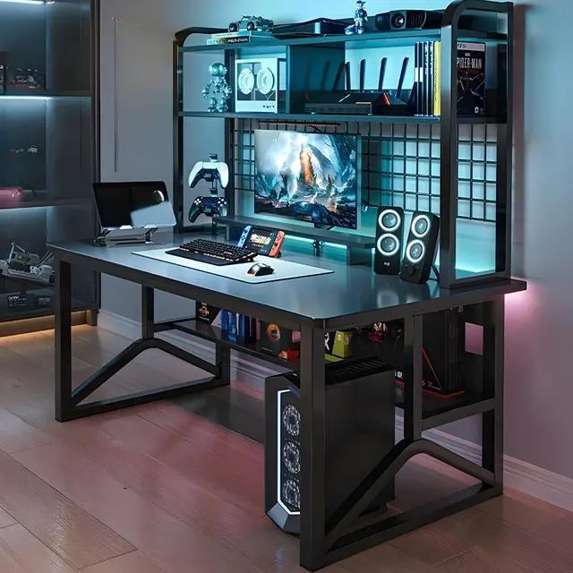 Main image of Baycheer 47'' Gaming Desk Computer Desk with Storage Shelves and Large PC Gamer Desk Workstation for Home Office, Gaming Table Gridding Included for Bedroom, Black