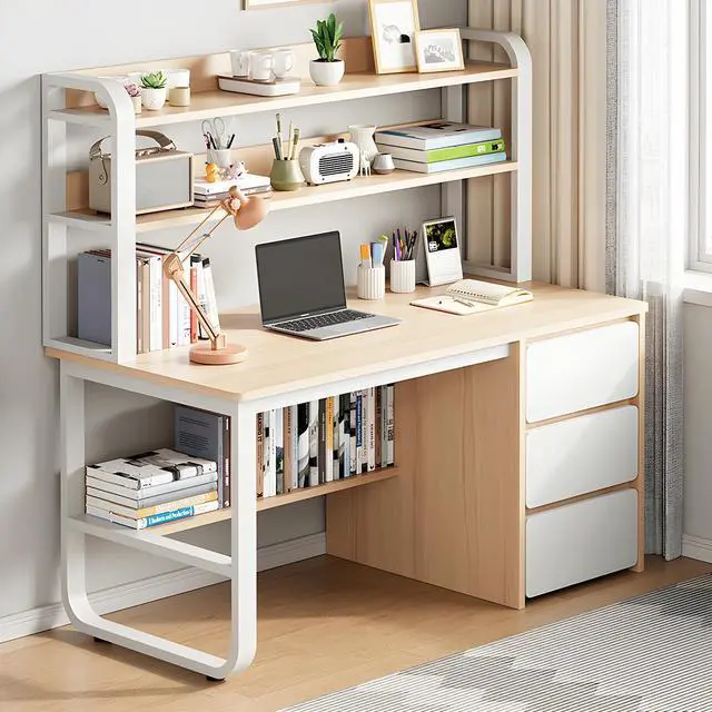 Main image of Baycheer Computer Gaming Desk with 3 Drawers and 3-Tier Storage Shelves  Modern Writing Desk with Bookshelf, Student Desk for Bedroom, Simple Work Desk for Home Office