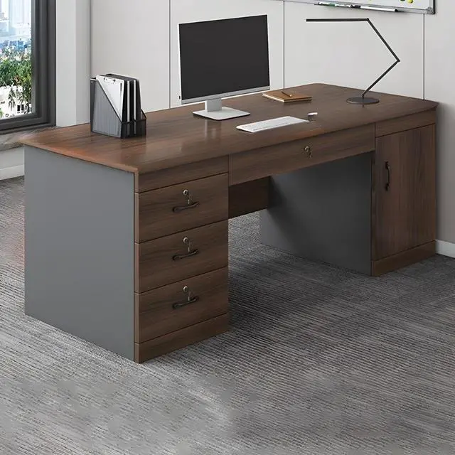 Main image of Baycheer 55 Inch Farmhouse Executive Desk with 4 Locking Drawers and Storage Cabinet, Rustic Industrial Business Furniture Desk Workstation for Home Office,Brown