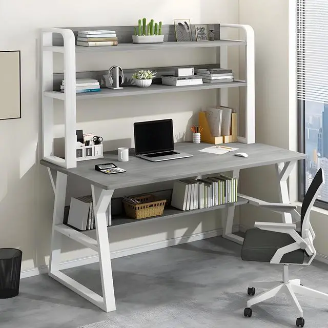 Alt view image 2 of 3 - Baycheer Computer Gaming Desk with Bookshelf, Home Office Desk with Space Saving Design, Table Desk with Upper Storage Shelves for Study Writing Workstation