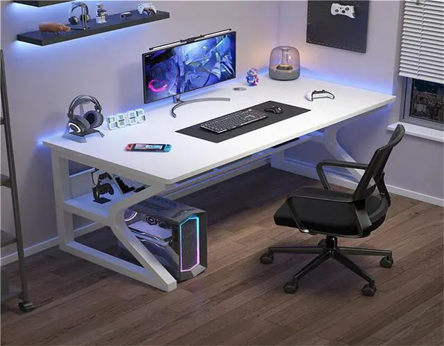 Alt view image 2 of 3 - Baycheer Modern Simple Style Gaming Desk K-Shaped Computer Desk PC Computer Table Home Office Desk Ergonomic Gamer Workstation with Storage Shelves,White,55''