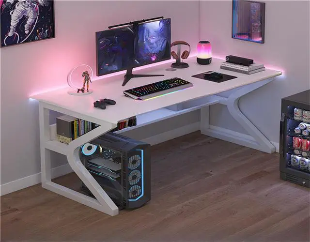 Alt view image 3 of 3 - Baycheer Modern Simple Style Gaming Desk K-Shaped Computer Desk PC Computer Table Home Office Desk Ergonomic Gamer Workstation with Storage Shelves,White,55''