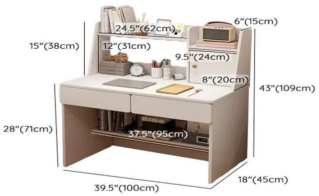 Alt view image 2 of 7 - Baycheer 39'' White Computer Desk with Hutch Writing Desk Workstation with Bookshelf and 2 Drawers Modern Compact Office Desk for Bedroom, Study, Home, Office
