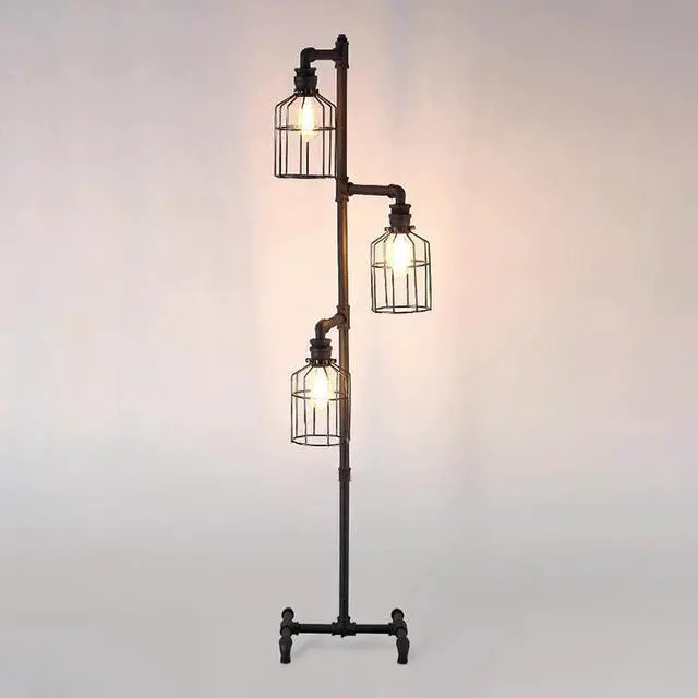 Alt view image 3 of 7 - Baycheer 60'' High Vintage  Floor Lamp for Living Room,Industrial 3-Light Tree Floor Lamp Black with Cages, Farmhouse Rustic Steampunk Pipe Tall Standing Lamp Floor Lighting for Bedroom Office