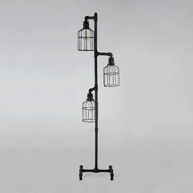 Alt view image 4 of 7 - Baycheer 60'' High Vintage  Floor Lamp for Living Room,Industrial 3-Light Tree Floor Lamp Black with Cages, Farmhouse Rustic Steampunk Pipe Tall Standing Lamp Floor Lighting for Bedroom Office