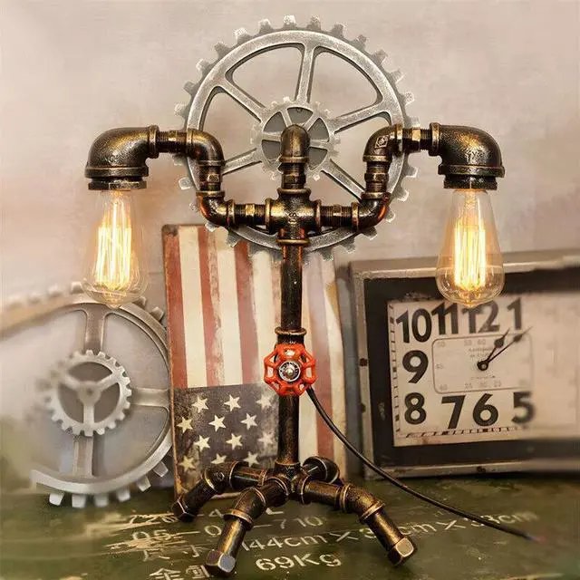 Alt view image 4 of 7 - Baycheer Retro Steampunk Gear Pipe Decor Table Lamp Industrial Style 2-Light Desk Lighting 110V-120V Antique Brass for Bedroom