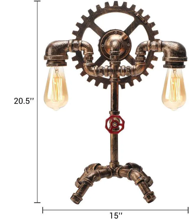 Alt view image 2 of 7 - Baycheer Retro Steampunk Gear Pipe Decor Table Lamp Industrial Style 2-Light Desk Lighting 110V-120V Antique Brass for Bedroom