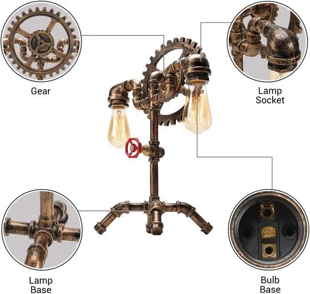 Alt view image 3 of 7 - Baycheer Retro Steampunk Gear Pipe Decor Table Lamp Industrial Style 2-Light Desk Lighting 110V-120V Antique Brass for Bedroom