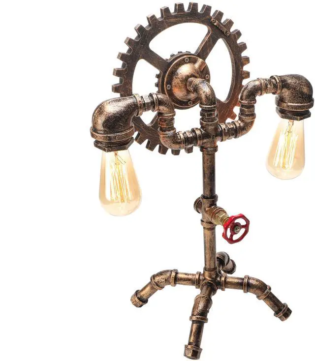 Alt view image 6 of 7 - Baycheer Retro Steampunk Gear Pipe Decor Table Lamp Industrial Style 2-Light Desk Lighting 110V-120V Antique Brass for Bedroom