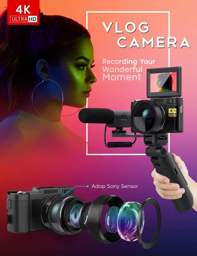 Alt view image 2 of 6 - Digital Camera with Creator Accessory Kit 48MP 4K Video Camera for Vloggers Remote Control Autofocus Flip Screen Camcorder Photography Cameras with Tripod Grip, Wide-angle & Macro lens, Mic, Batteries