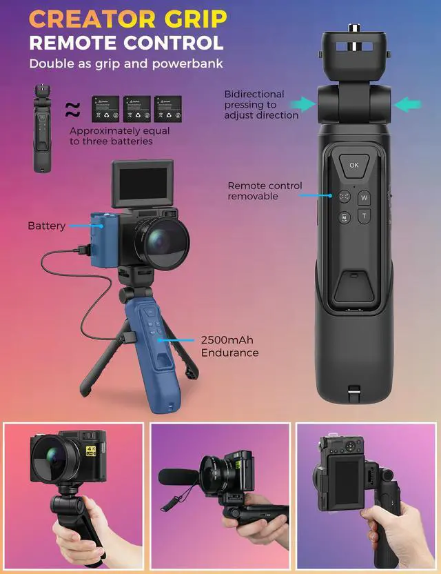 Alt view image 3 of 6 - Digital Camera with Creator Accessory Kit 48MP 4K Video Camera for Vloggers Remote Control Autofocus Flip Screen Camcorder Photography Cameras with Tripod Grip, Wide-angle & Macro lens, Mic, Batteries