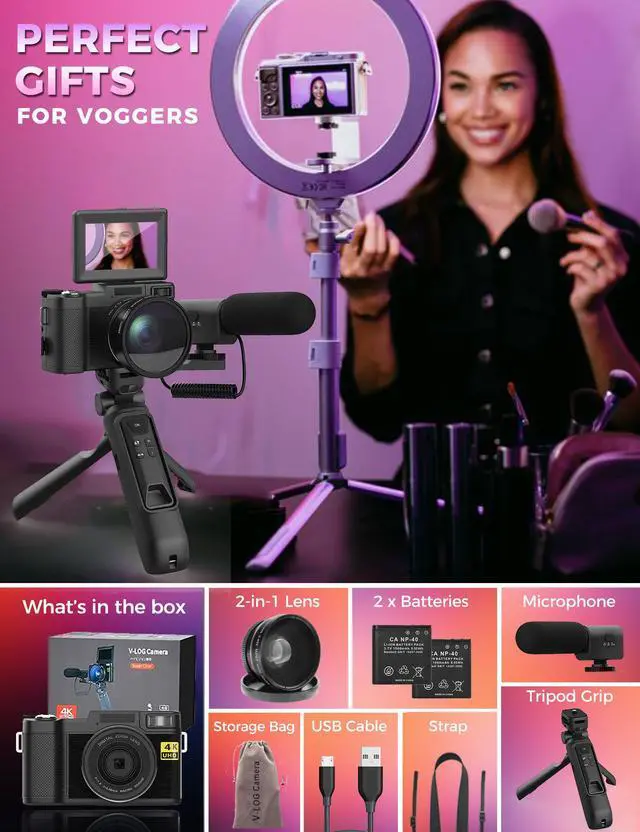 Alt view image 6 of 6 - Digital Camera with Creator Accessory Kit 48MP 4K Video Camera for Vloggers Remote Control Autofocus Flip Screen Camcorder Photography Cameras with Tripod Grip, Wide-angle & Macro lens, Mic, Batteries