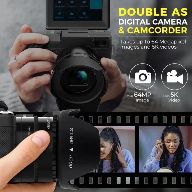 Alt view image 2 of 6 - novzzovz 5K Digital Camera, 5X Optical Zoom Cameras for Photography & Video, 64MP Autofocus Vlogging Cameras for Youtube, Flip Screen Camera for Beginners with Carring Bag Case, Lens Hood, Batteries