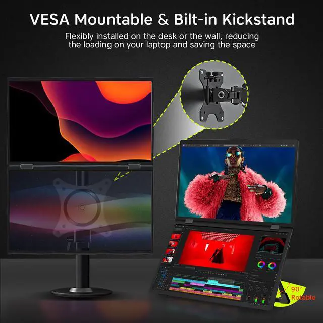Alt view image 6 of 7 - Triple Laptop Screen Extender 15.6'' 1080P HD IPS Stacked Folding Dual Monitors 360° Rotation Plug & Play Portable Monitor for Laptop Compatible with Mac, Windows, VESA Mountable