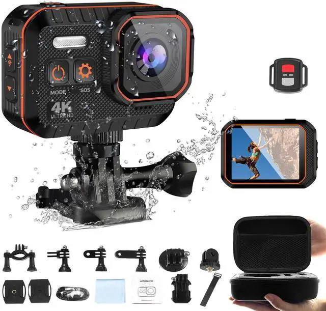 Main image of Action Camera 4K WiFi Sports Camera IPX8 33FT Waterproof Camera 170° Wide Angle 16MP Underwater Camera with Remote Control Accessories Kit and Carrying Case