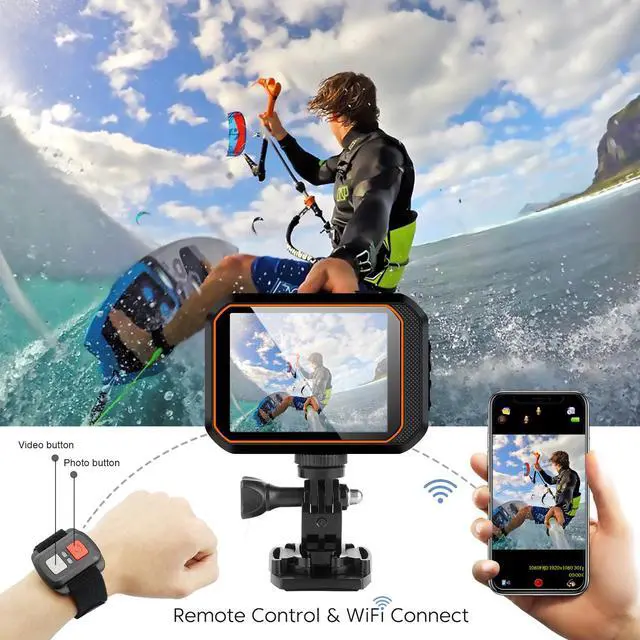 Alt view image 2 of 7 - Action Camera 4K WiFi Sports Camera IPX8 33FT Waterproof Camera 170° Wide Angle 16MP Underwater Camera with Remote Control Accessories Kit and Carrying Case
