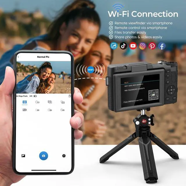 Alt view image 3 of 7 - 5K Digital Camera for Photography with WiFi 64MP Vlogging Camera with Flip Screen Compact Digital Cameras with Batteries, Selfie Light, Desktop Tripod