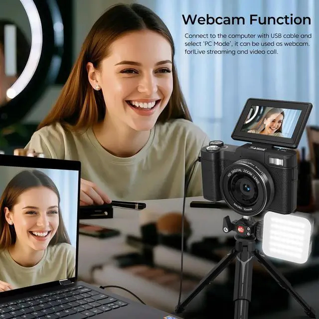 Alt view image 4 of 7 - 5K Digital Camera for Photography with WiFi 64MP Vlogging Camera with Flip Screen Compact Digital Cameras with Batteries, Selfie Light, Desktop Tripod