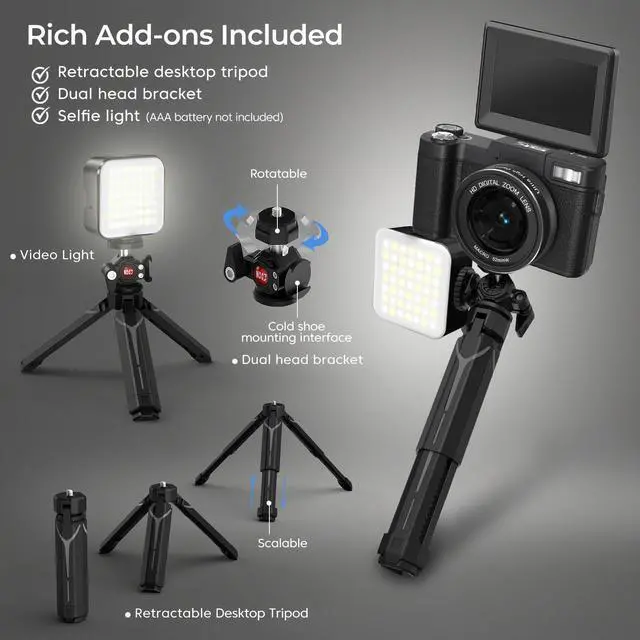 Alt view image 5 of 7 - 5K Digital Camera for Photography with WiFi 64MP Vlogging Camera with Flip Screen Compact Digital Cameras with Batteries, Selfie Light, Desktop Tripod