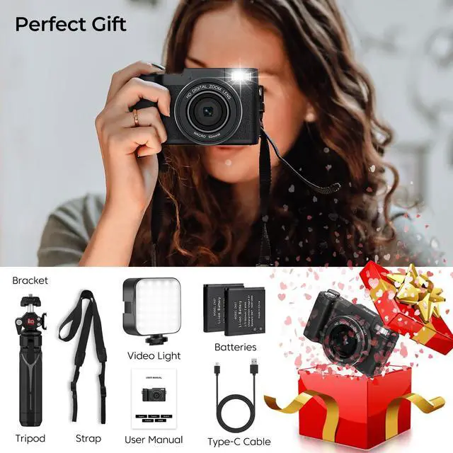 Alt view image 7 of 7 - 5K Digital Camera for Photography with WiFi 64MP Vlogging Camera with Flip Screen Compact Digital Cameras with Batteries, Selfie Light, Desktop Tripod