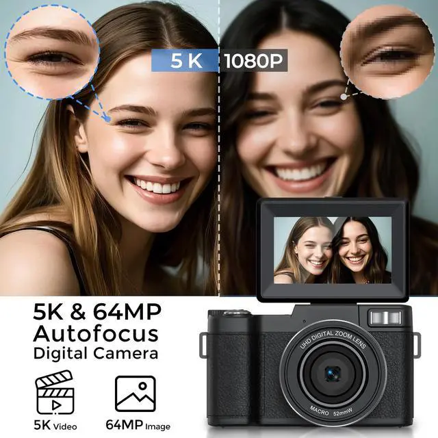 Alt view image 2 of 7 - 5K Digital Camera for Photography 64MP WiFi Vlogging Camera for YouTube Auto-Focus Video Camera with Flip Screen Compact Digital Cameras with Batteries, Selfie Light, Desktop Tripod