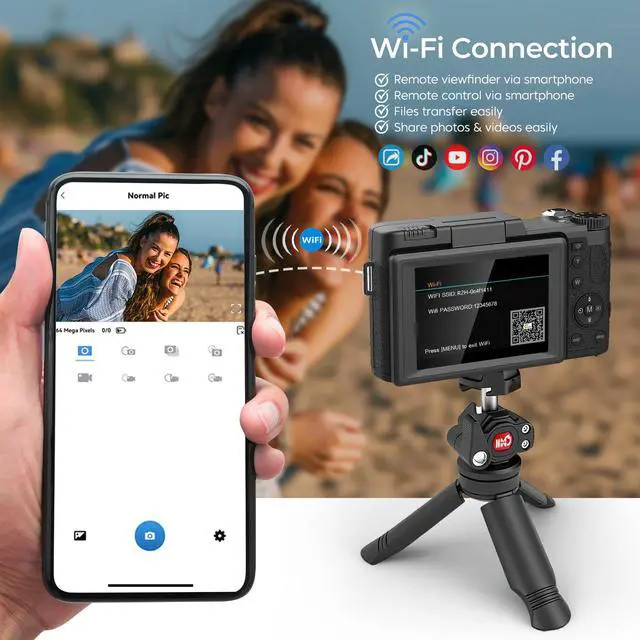 Alt view image 3 of 7 - 5K Digital Camera for Photography 64MP WiFi Vlogging Camera for YouTube Auto-Focus Video Camera with Flip Screen Compact Digital Cameras with Batteries, Selfie Light, Desktop Tripod