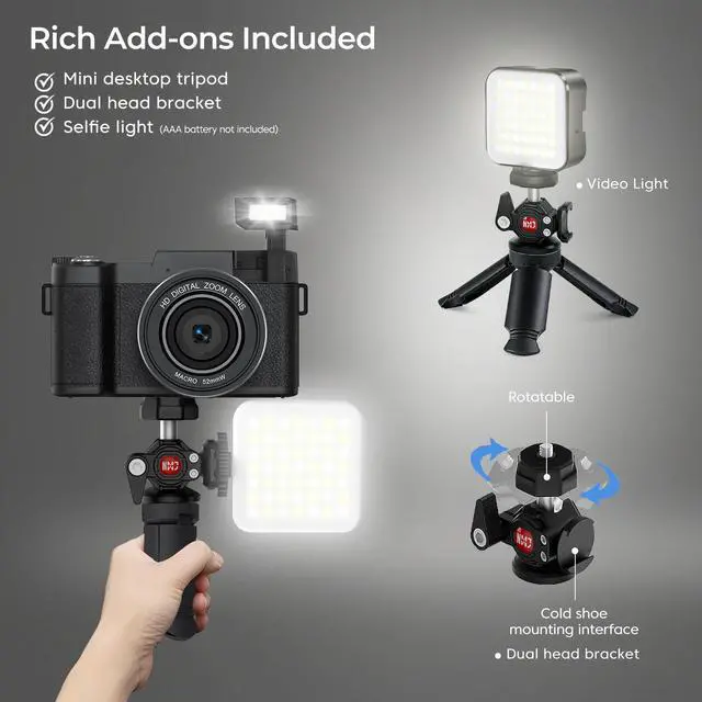Alt view image 4 of 7 - 5K Digital Camera for Photography 64MP WiFi Vlogging Camera for YouTube Auto-Focus Video Camera with Flip Screen Compact Digital Cameras with Batteries, Selfie Light, Desktop Tripod