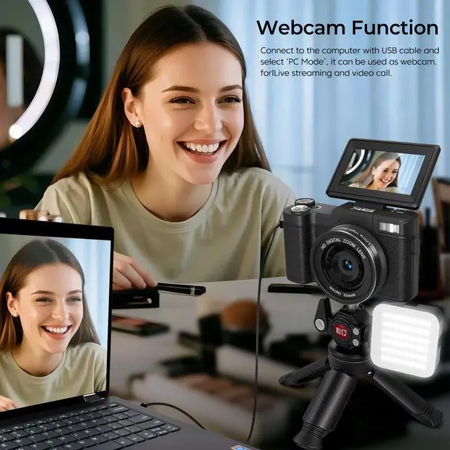 Alt view image 5 of 7 - 5K Digital Camera for Photography 64MP WiFi Vlogging Camera for YouTube Auto-Focus Video Camera with Flip Screen Compact Digital Cameras with Batteries, Selfie Light, Desktop Tripod