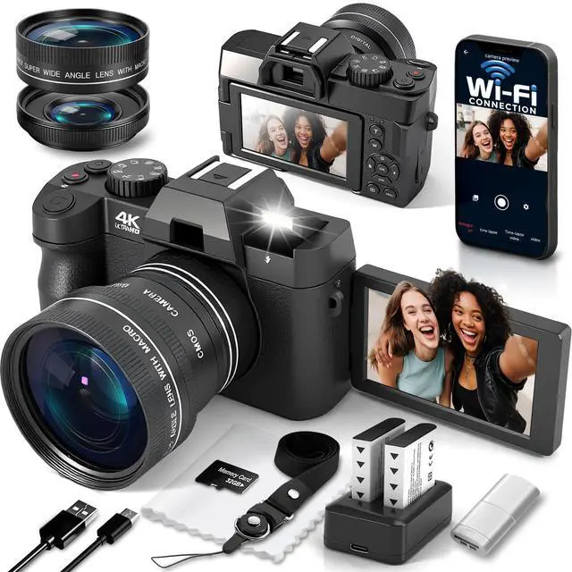 Main image of 4K Digital Camera for Photography with WiFi Auto-Focus Vlogging Camera for YouTube with Flip Screen, Come with 2 Batteries, Wide & Macro Lens, MicroSD Card, Card Reader