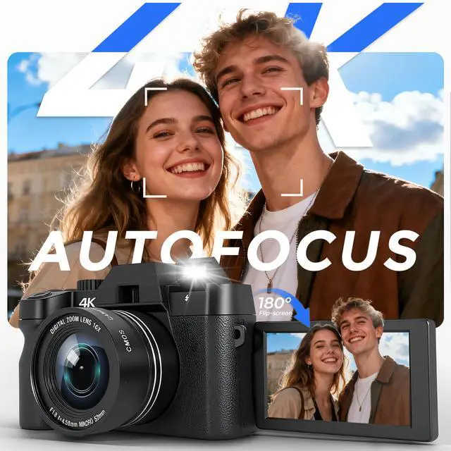 Alt view image 2 of 7 - 4K Digital Camera for Photography with WiFi Auto-Focus Vlogging Camera for YouTube with Flip Screen, Come with 2 Batteries, Wide & Macro Lens, MicroSD Card, Card Reader