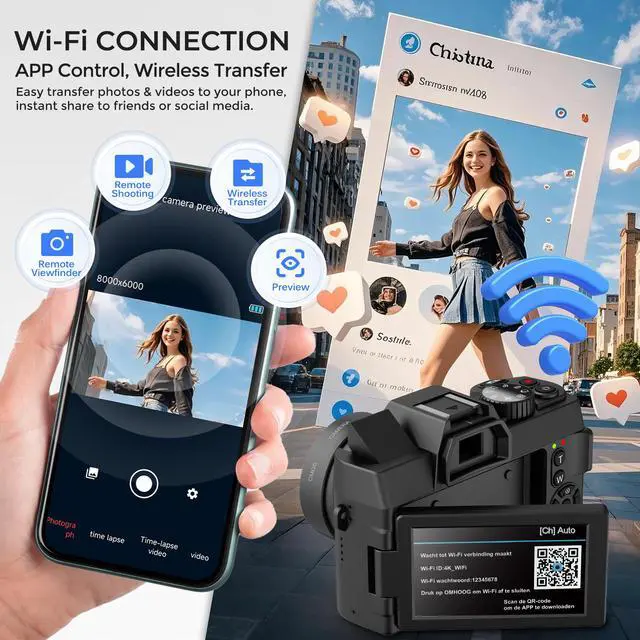 Alt view image 3 of 7 - 4K Digital Camera for Photography with WiFi Auto-Focus Vlogging Camera for YouTube with Flip Screen, Come with 2 Batteries, Wide & Macro Lens, MicroSD Card, Card Reader