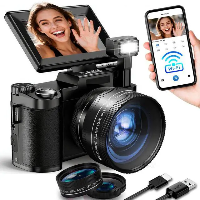 Main image of 5K Digital Camera with WiFi 4K Vlogging Camera for Photography 64MP with Flip Screen Video Camera for Photography with Wide-angle Lens, Batteries