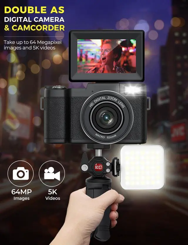Alt view image 2 of 7 - 5K Digital Camera with WiFi 64MP Vlogging Camera for YouTube, Autofocus, Flip Screen, Webcam Function, Photography cameras for beginners with Selfie Light, Mini Tripod, Batteries